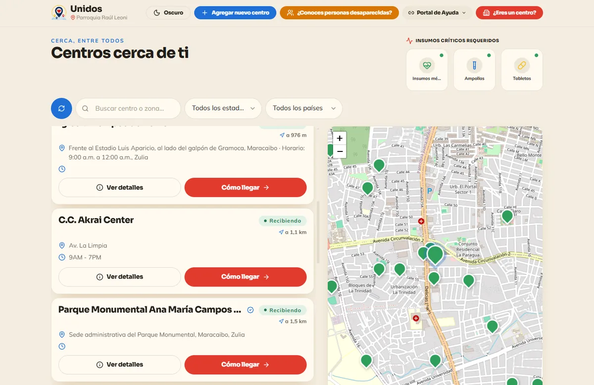 Unidos demo: searching for a nearby donation center and viewing its inventory on a map